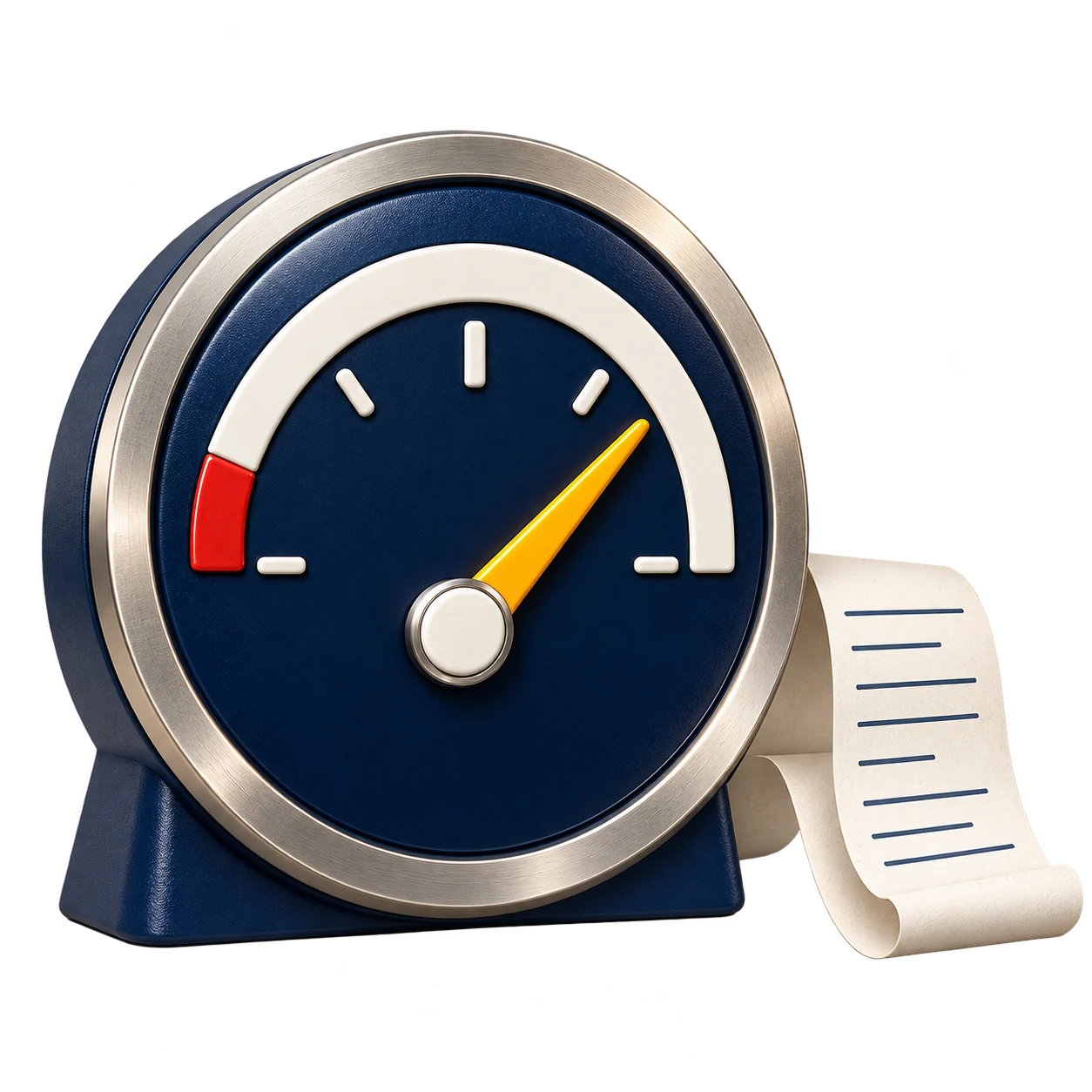 A fuel gauge with its needle near full and a receipt curling out beside it