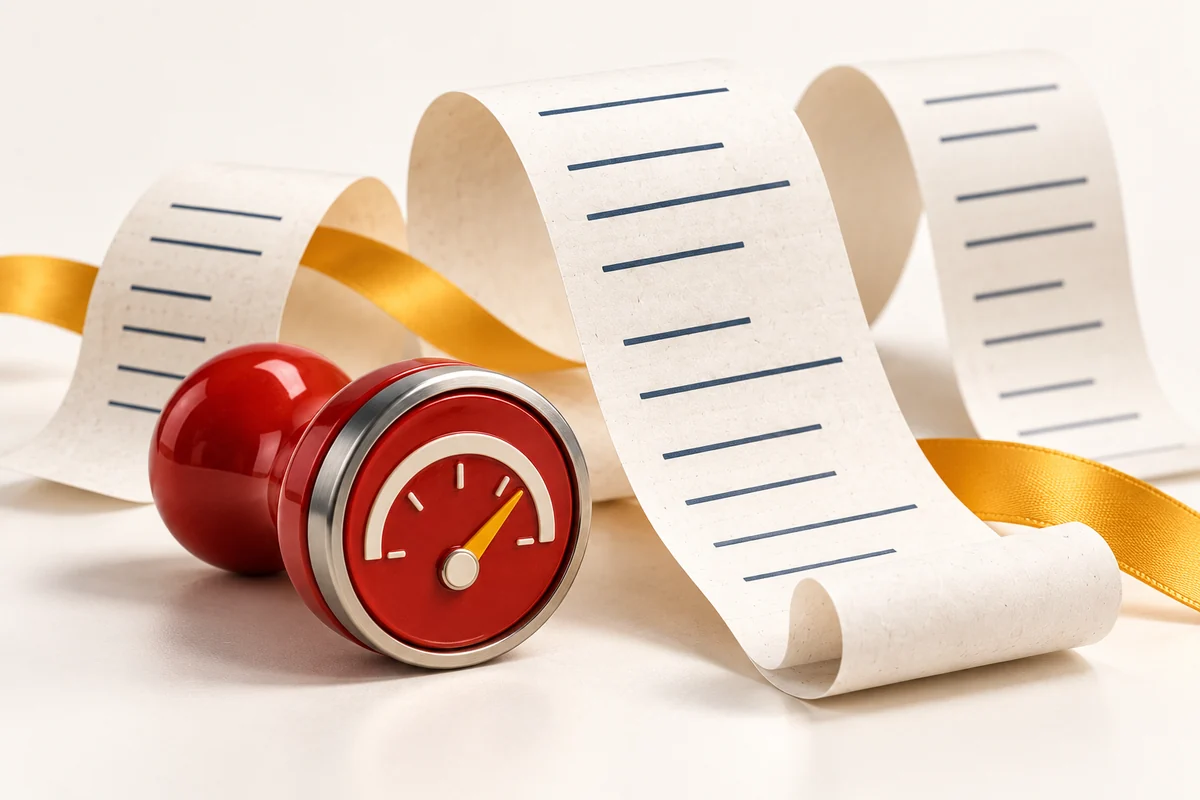 A red gauge stamp beside a long paper receipt tied with an amber ribbon