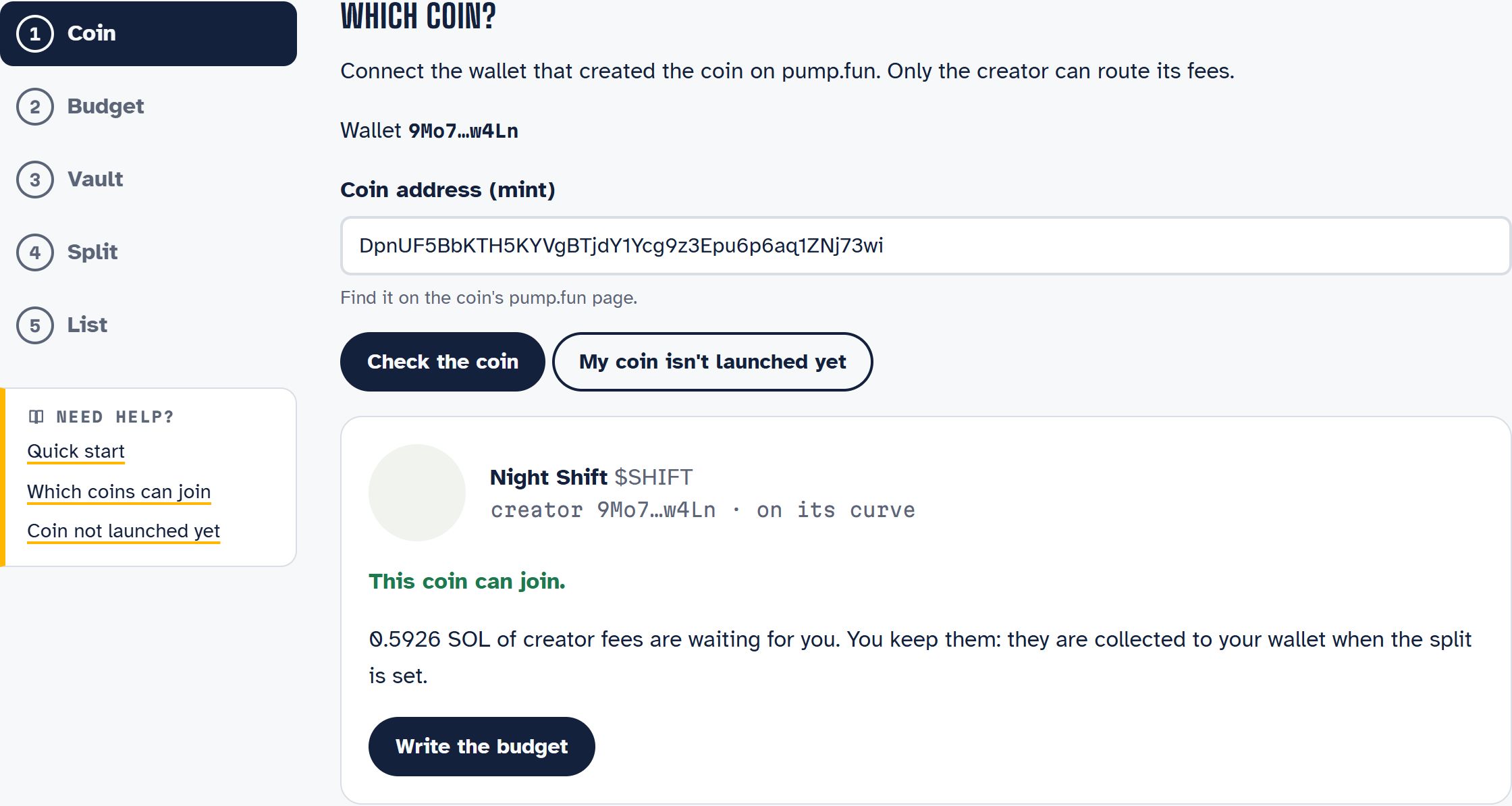 The coin step of the setup