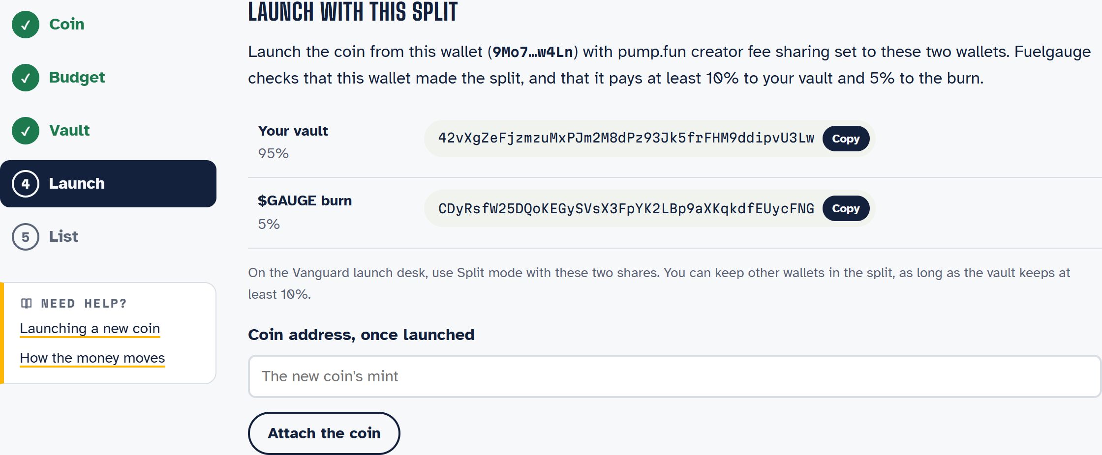 The launch step with the two split wallets